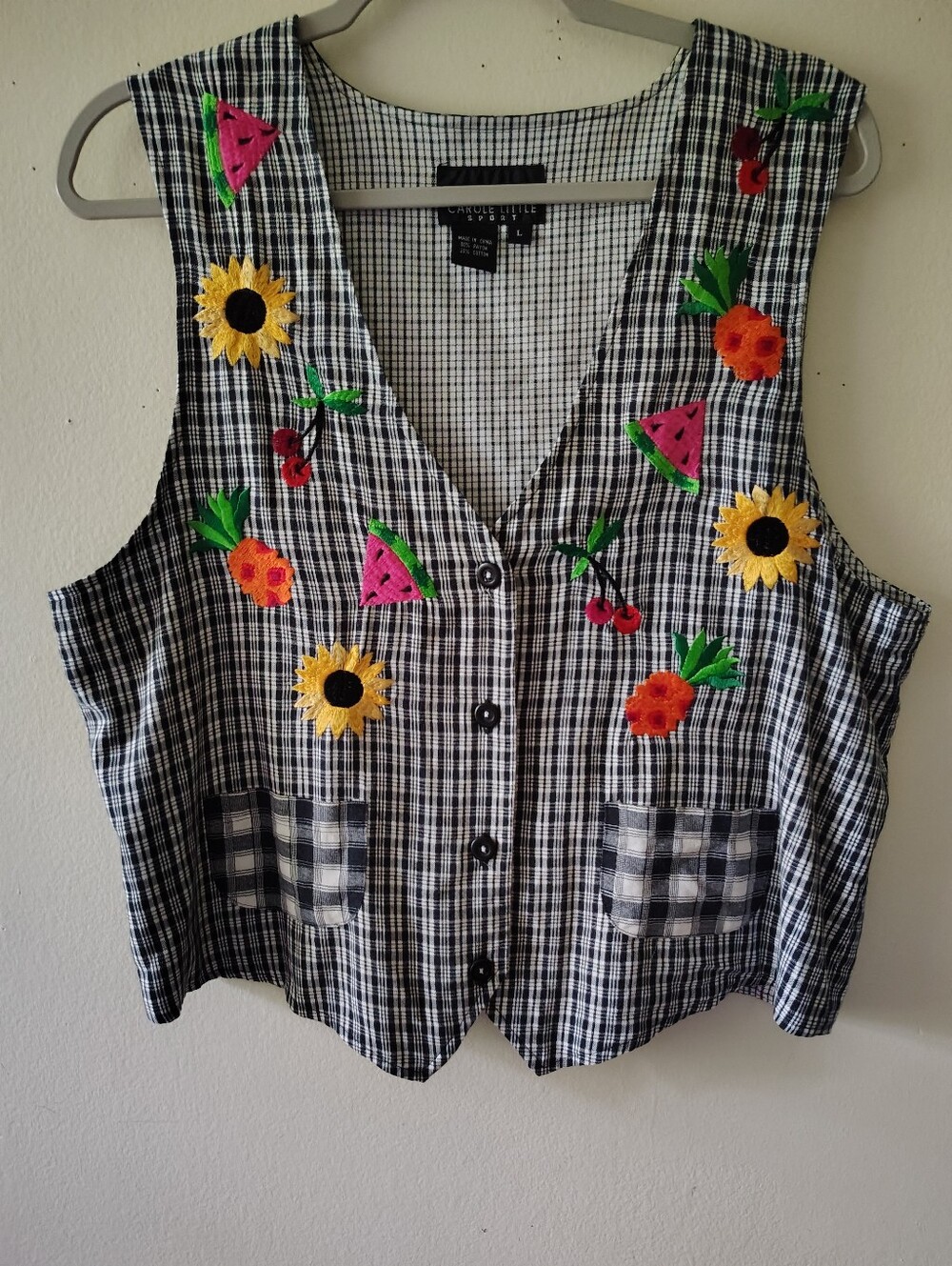 Carole Little Plaid Vest Top Large Garden Fruits Boho Cottage Floral Teacher